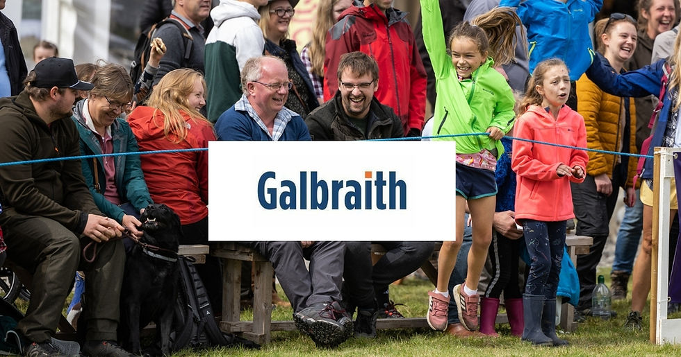 Crowd laughing and cheering at the Main Ring at Moy Country Fair. The Galbraith logo is