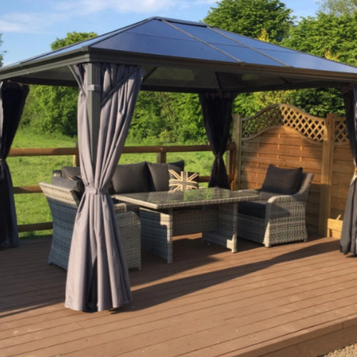 Norfolk All Year Round 3m x 3.6m solid roof gazebo with side curtains and nets | meredew-stores