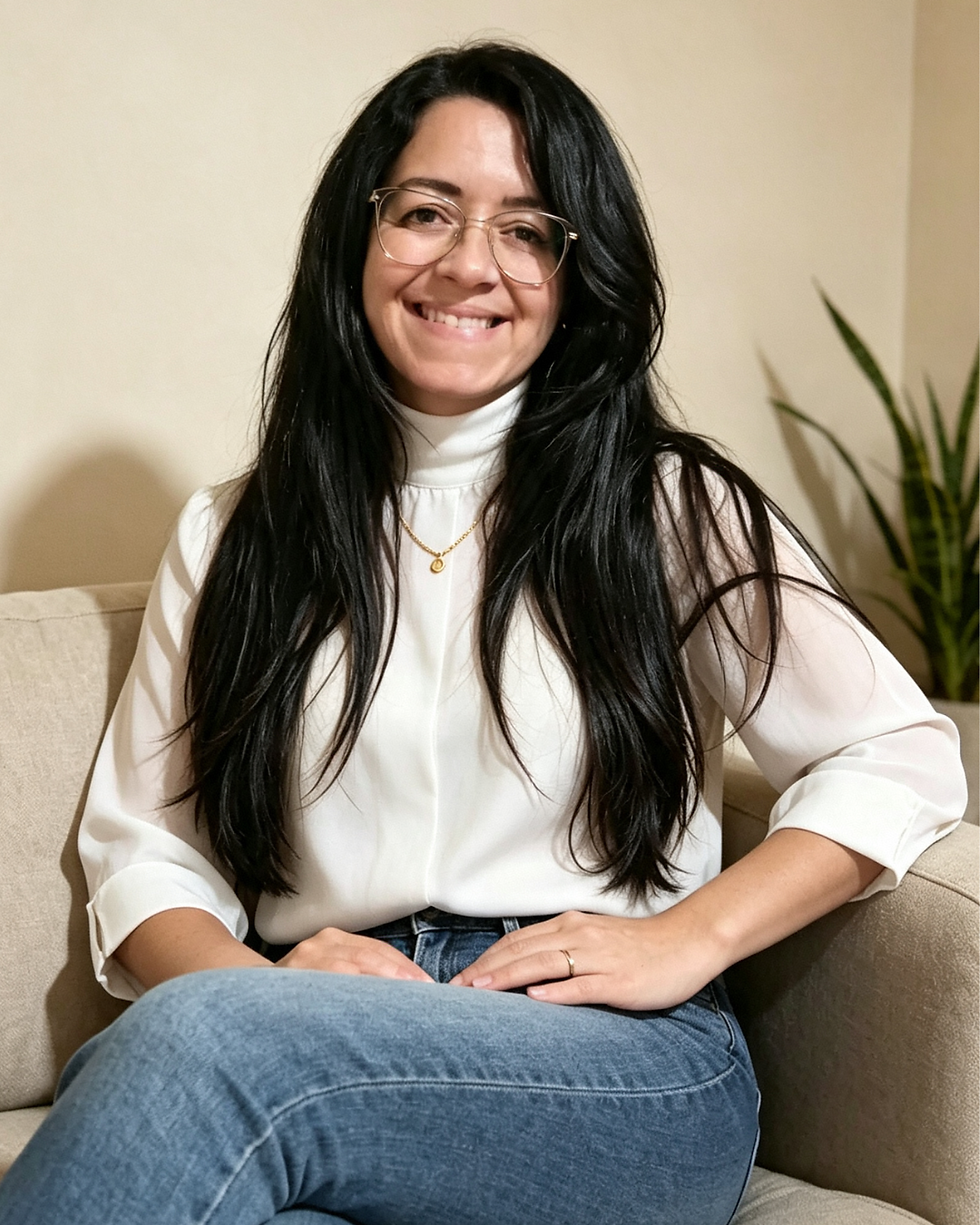 mulher sentada sorrindo cabelos longos lisos pretos blusa branca gola alta cenario atrás bege minimalista sala de estar