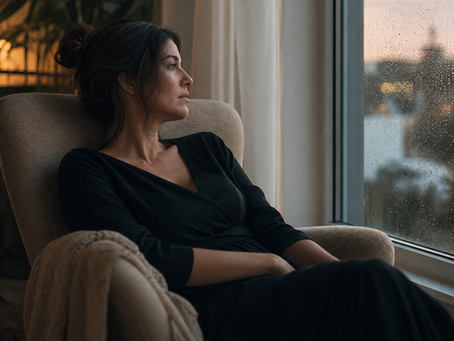 Mulher adulta sentada sozinha após uma interação social, olhando pela janela com expressão de cansaço e reflexão. A imagem representa a exaustão social frequentemente vivida por mulheres autistas.
