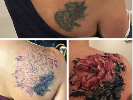 A 20-year-old shoulder tattoo transformed into a vibrant floral design