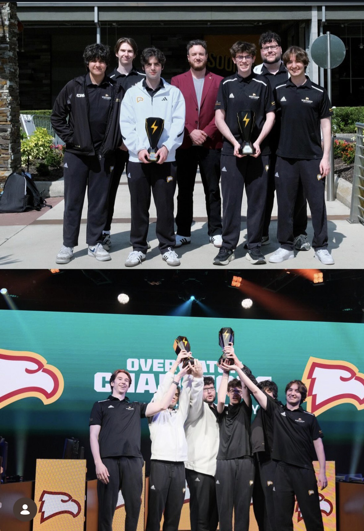 Un equipo de jugadores con un trofeo, frente a un fondo de Overwatch Champions