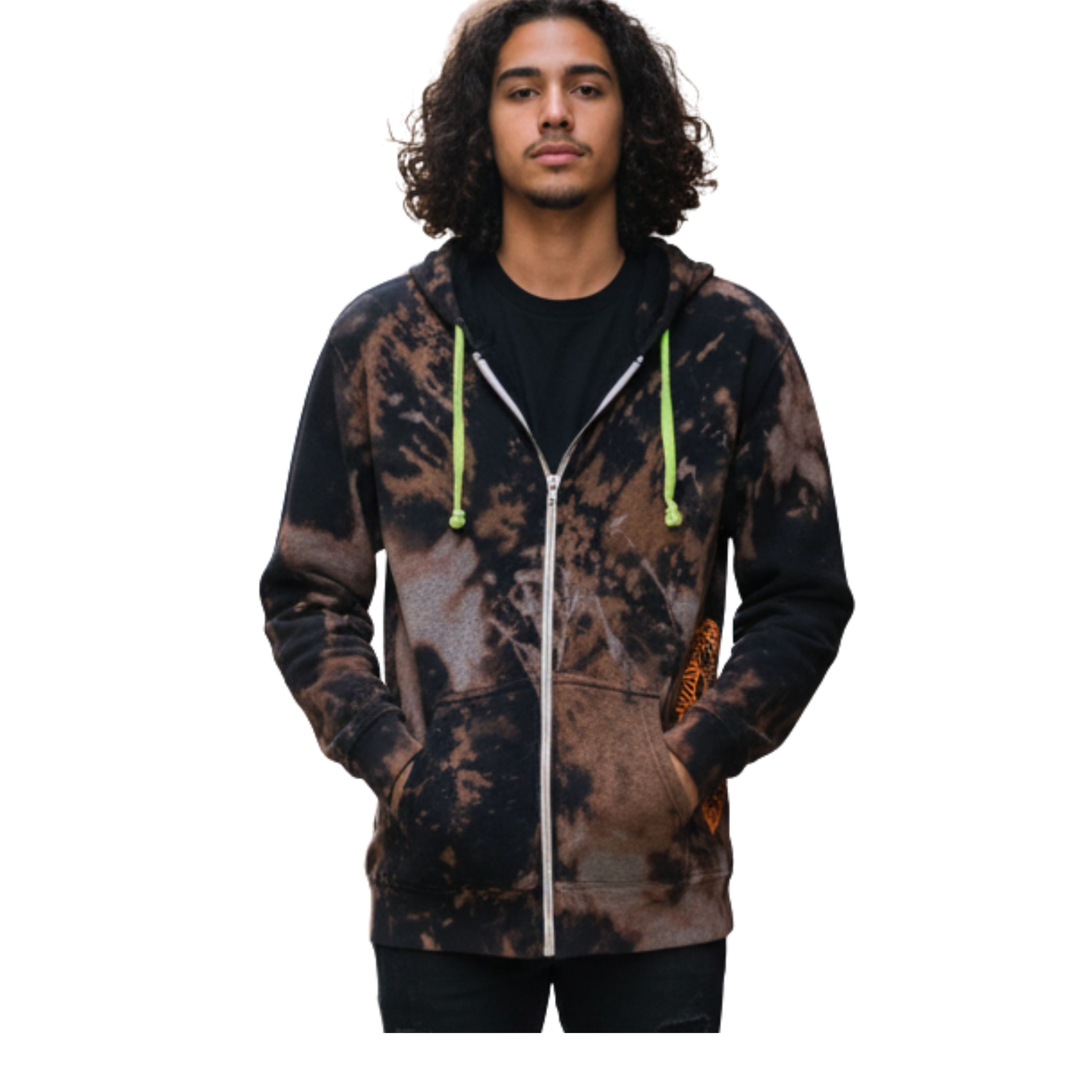 Front view of the L black bleach-dyed Zip-Up Hoodie on a model, showing the subtle orange ROC Mandala on the pocket.