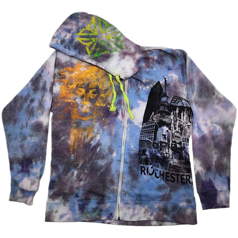 Flat front view of the 2XL Zip-Up Hoodie showing the zipper, Medusa graphic, Cityscape, and neon green logo on the hood.