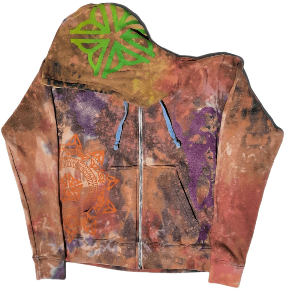 Flat front view of the XS Zip-Up Hoodie showing the zipper, orange ROC Mandala, purple Warrior, and neon green logo on hood.