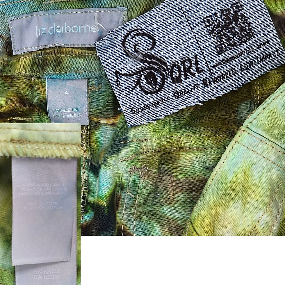 Thumbnail: Green Multi upcycled hand-dyed cotton skirt with cargo pockets and drawstring waist, tags.