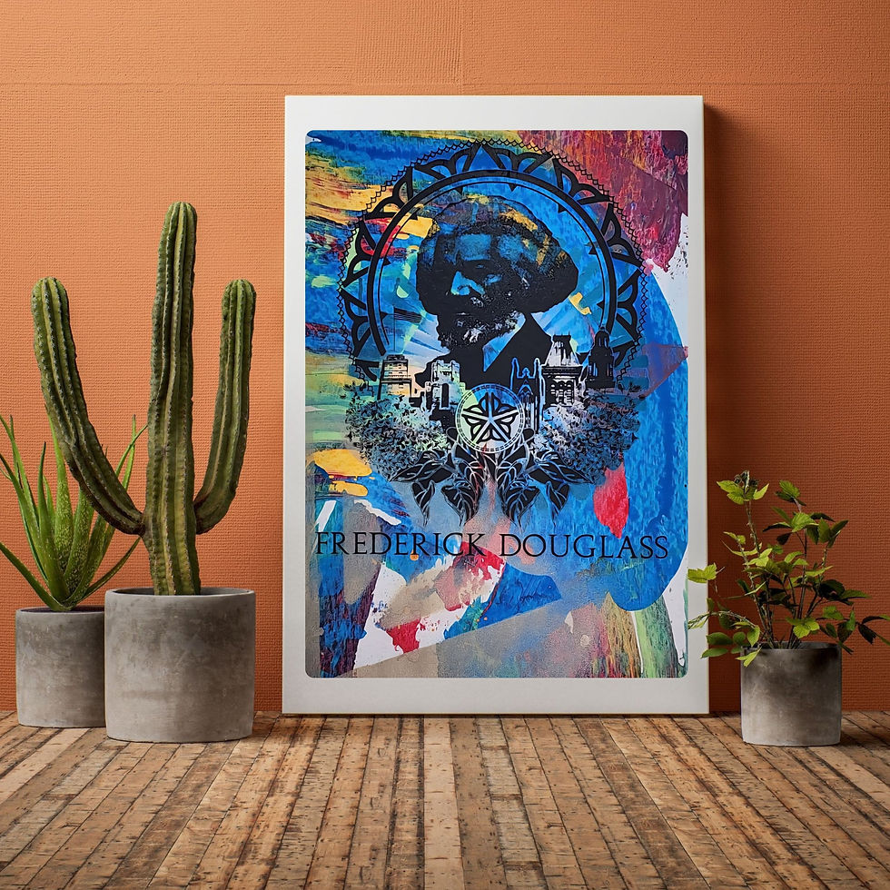 One-of-a-kind Frederick Douglass Monoprint showing the portrait over a dramatic red and black blur background, 13x19 in.