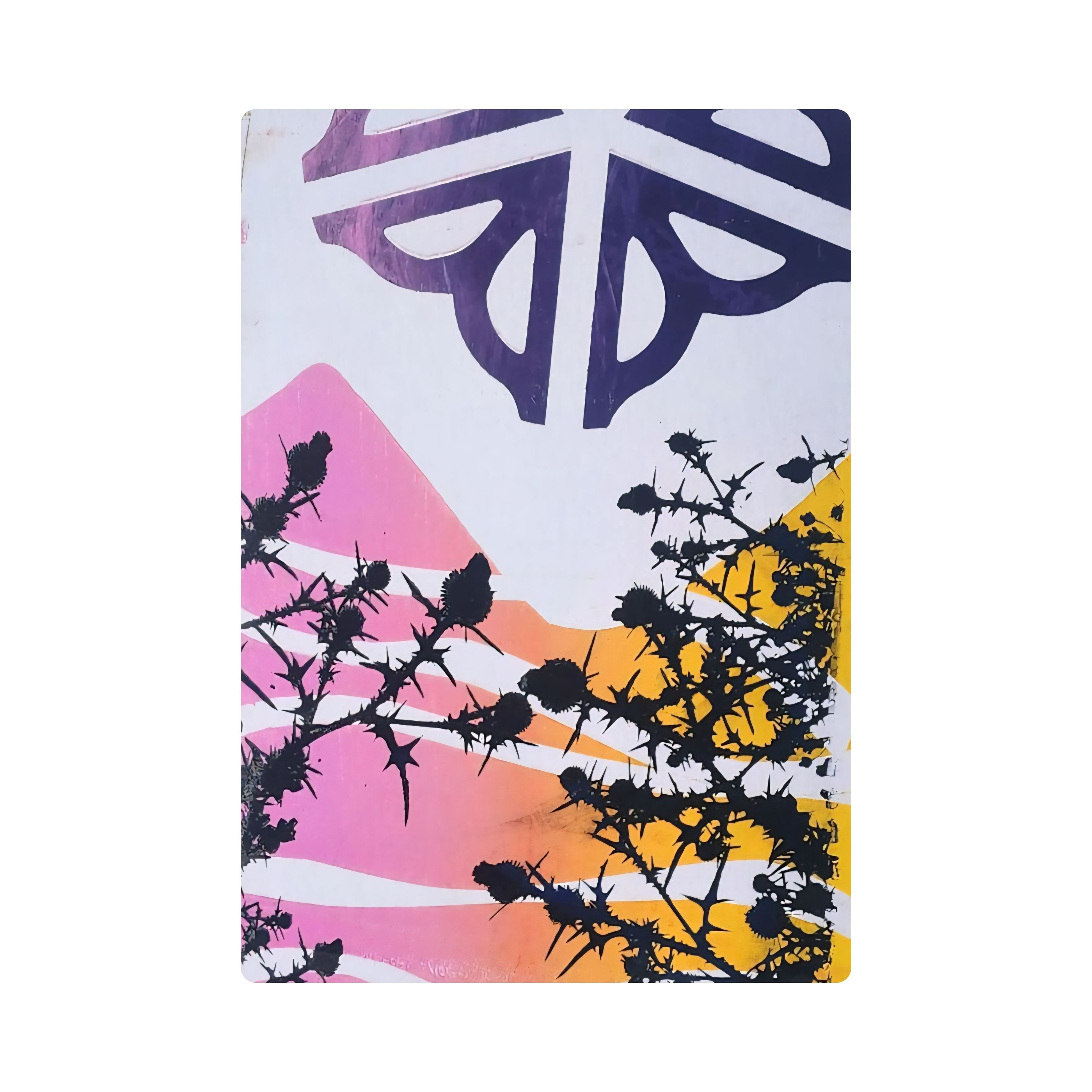 Floral print, 13x19 in., showing black thistle graphics over a vibrant abstract of orange, pink, and green geometric shapes.