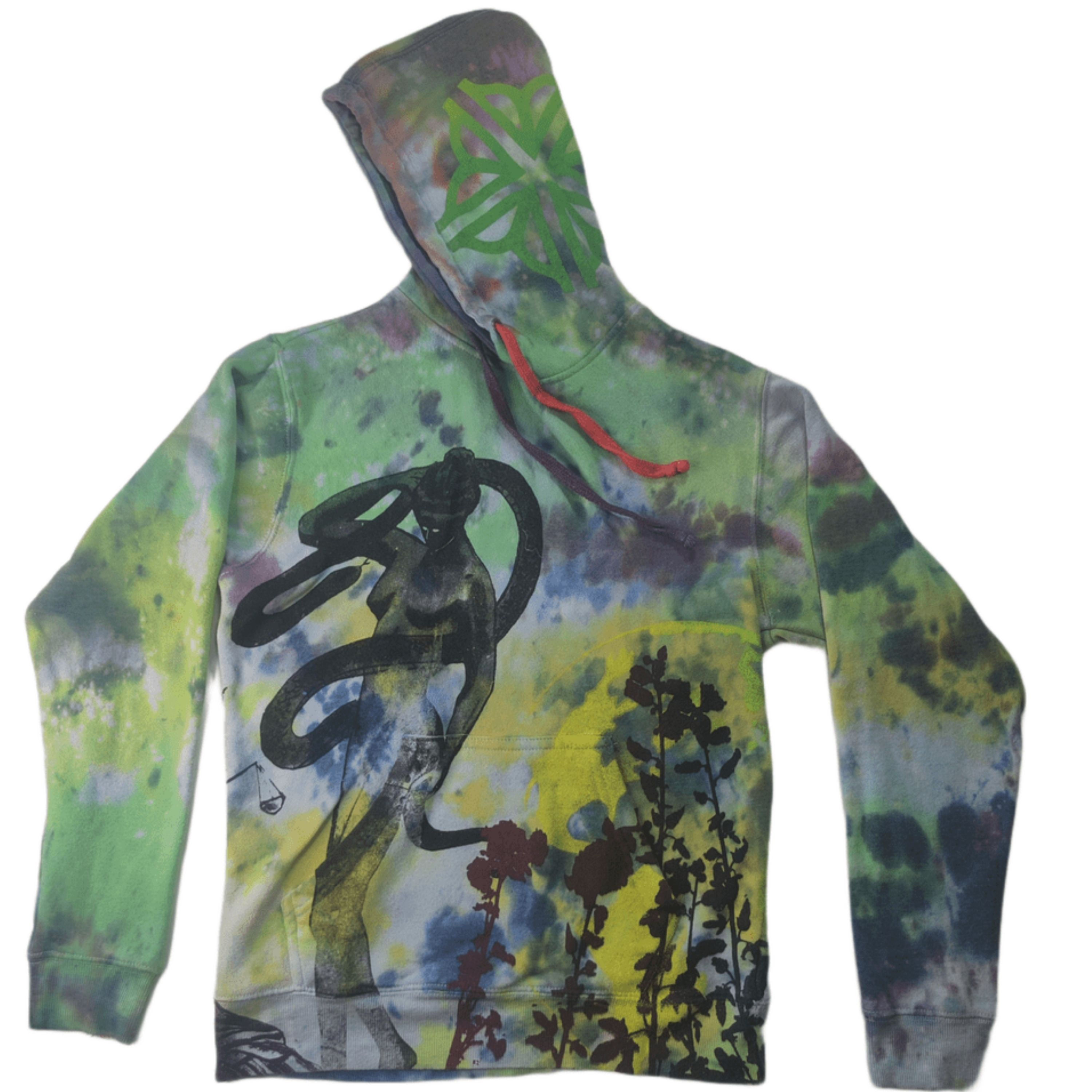Flat front view of unisex M tie-dye hoodie with Flower City logo on hood