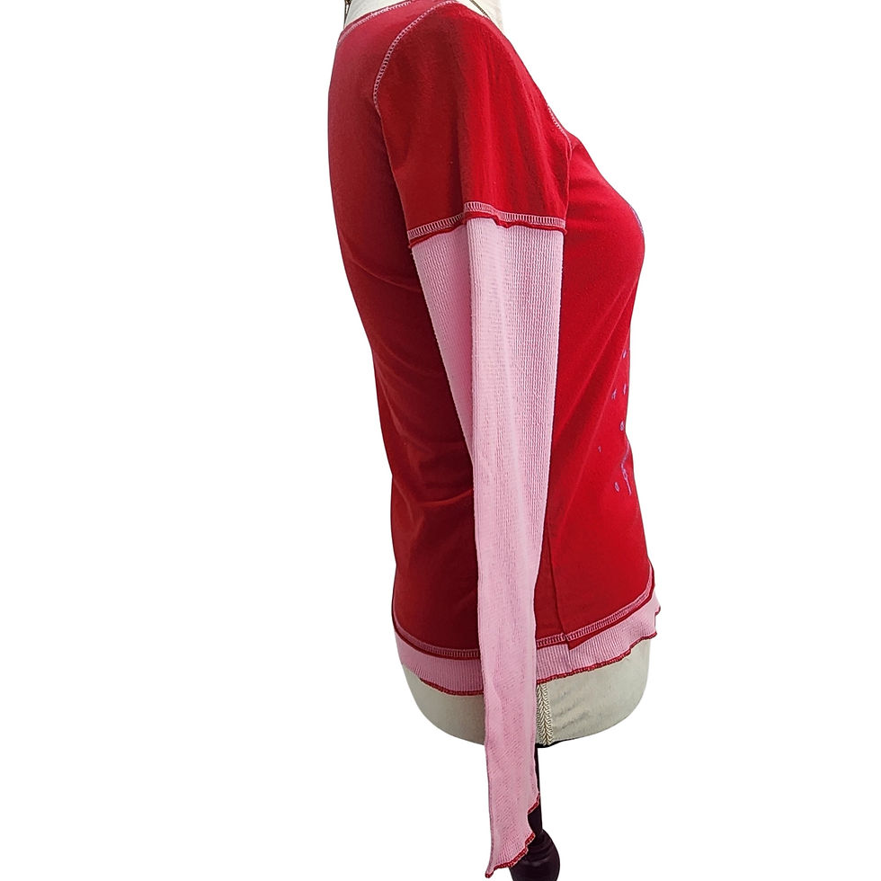 Red and pink faux layered long sleeve shirt featuring the Love Struck Upcycled Layered Top graphic design on a mannequin.