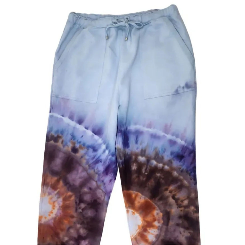 Thumbnail: Detailed view of the crystalline geode dye effect on these reworked vintage Liz Claiborne sweatpants in plum and copper tones