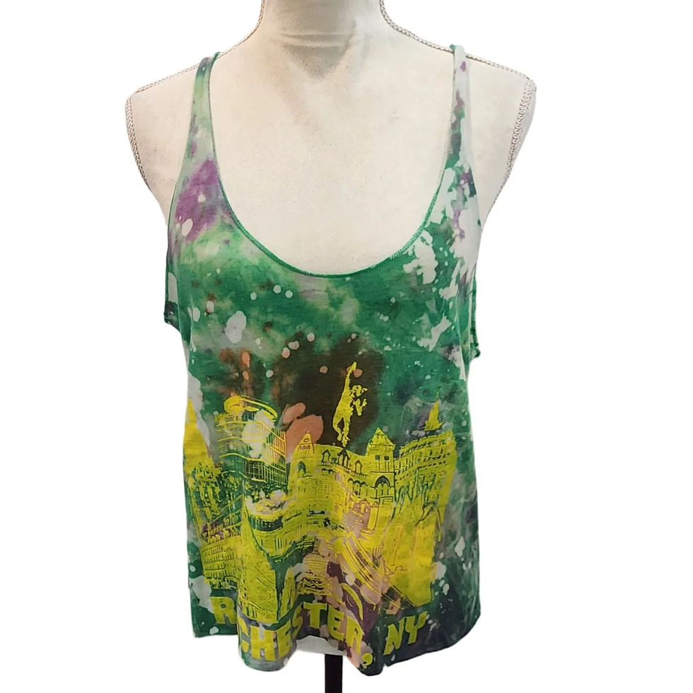Green tie dye Reworked Rochester NY Racerback Tank showing yellow ROC Skyline front print and blue Love Struck cloud graphic