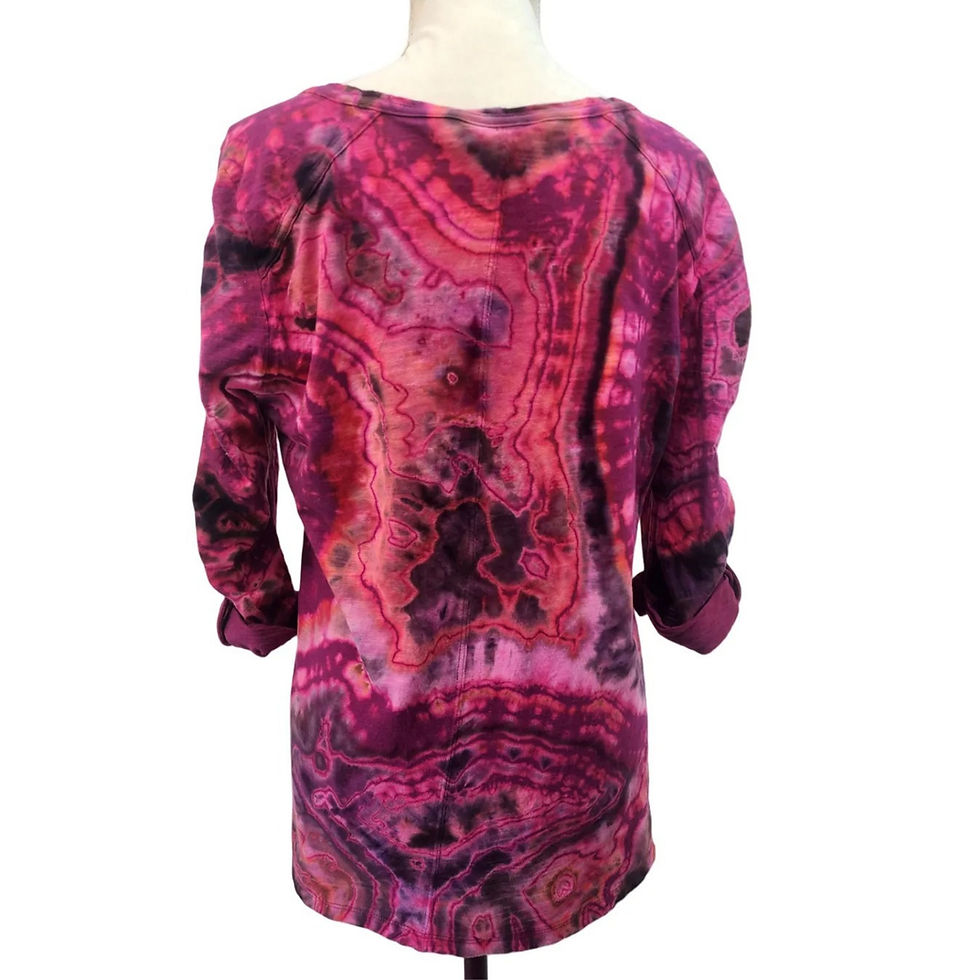 Thumbnail: Back view of OOAK hand-dyed geode pattern top showing intricate reverse tie-dye rings in XL.