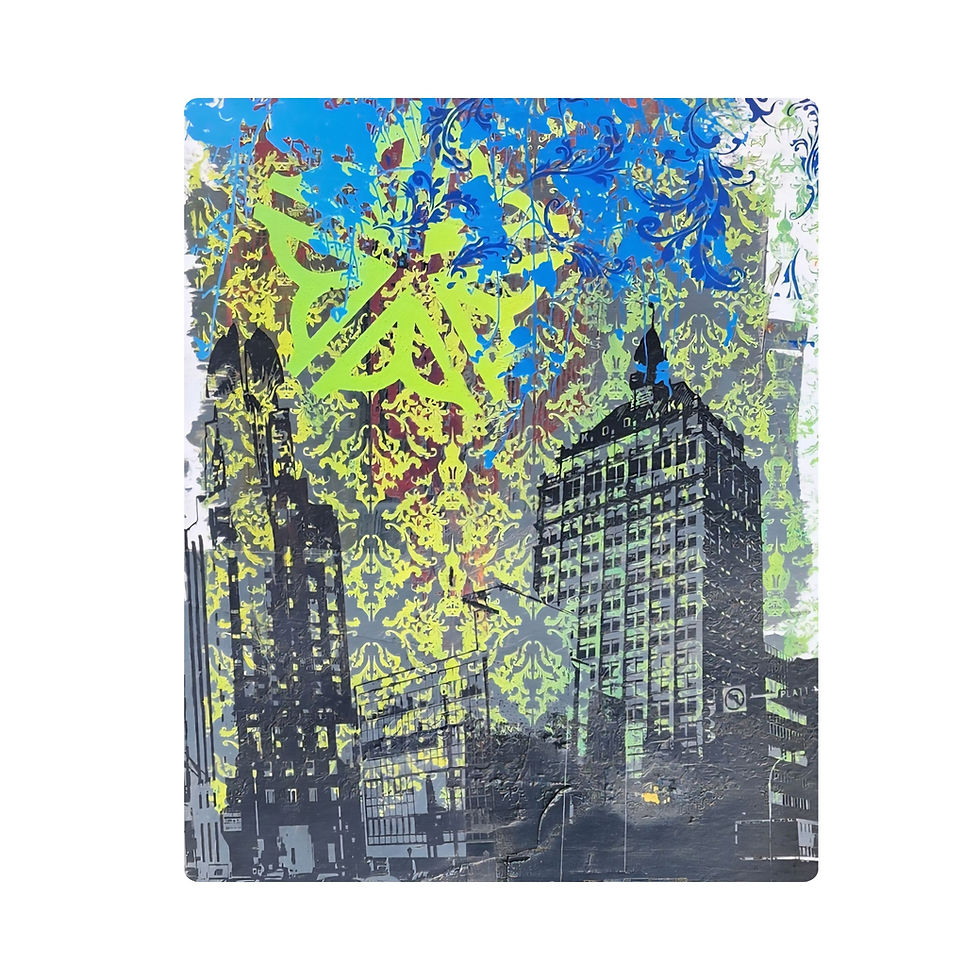 One-of-a-kind Rochester Flower Print featuring city buildings over a bright blue and green abstract background
