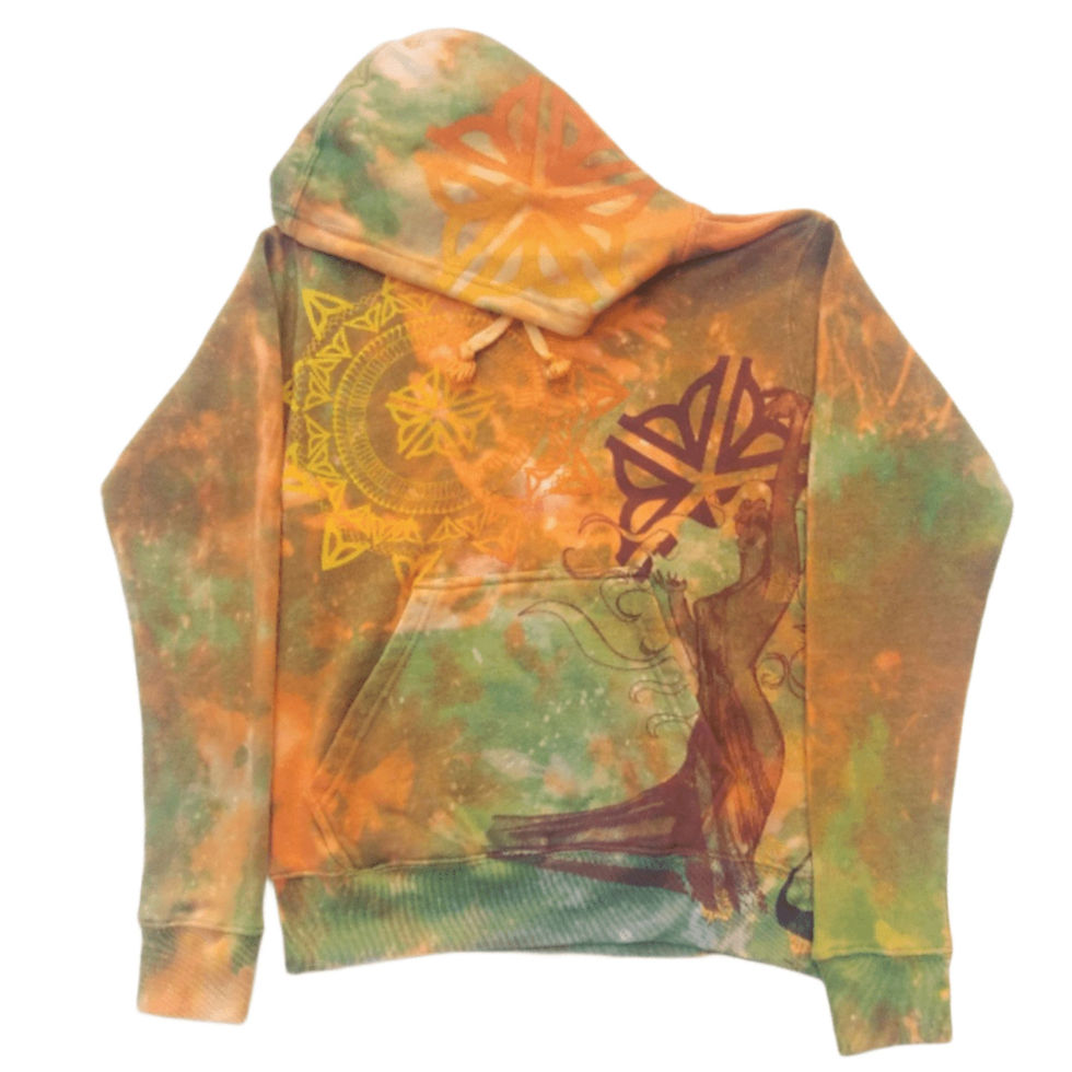 Front view of the S orange/green tie-dyed pullover hoodie featuring the ROC Goddess graphic.