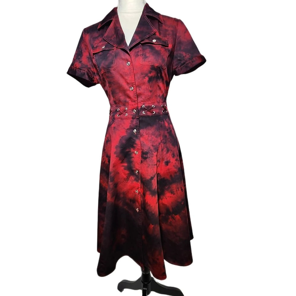 Front view of the Jones NY midi dress, showcasing the button-down front, crisscross waist, and purple/blue tie-dye pattern. (