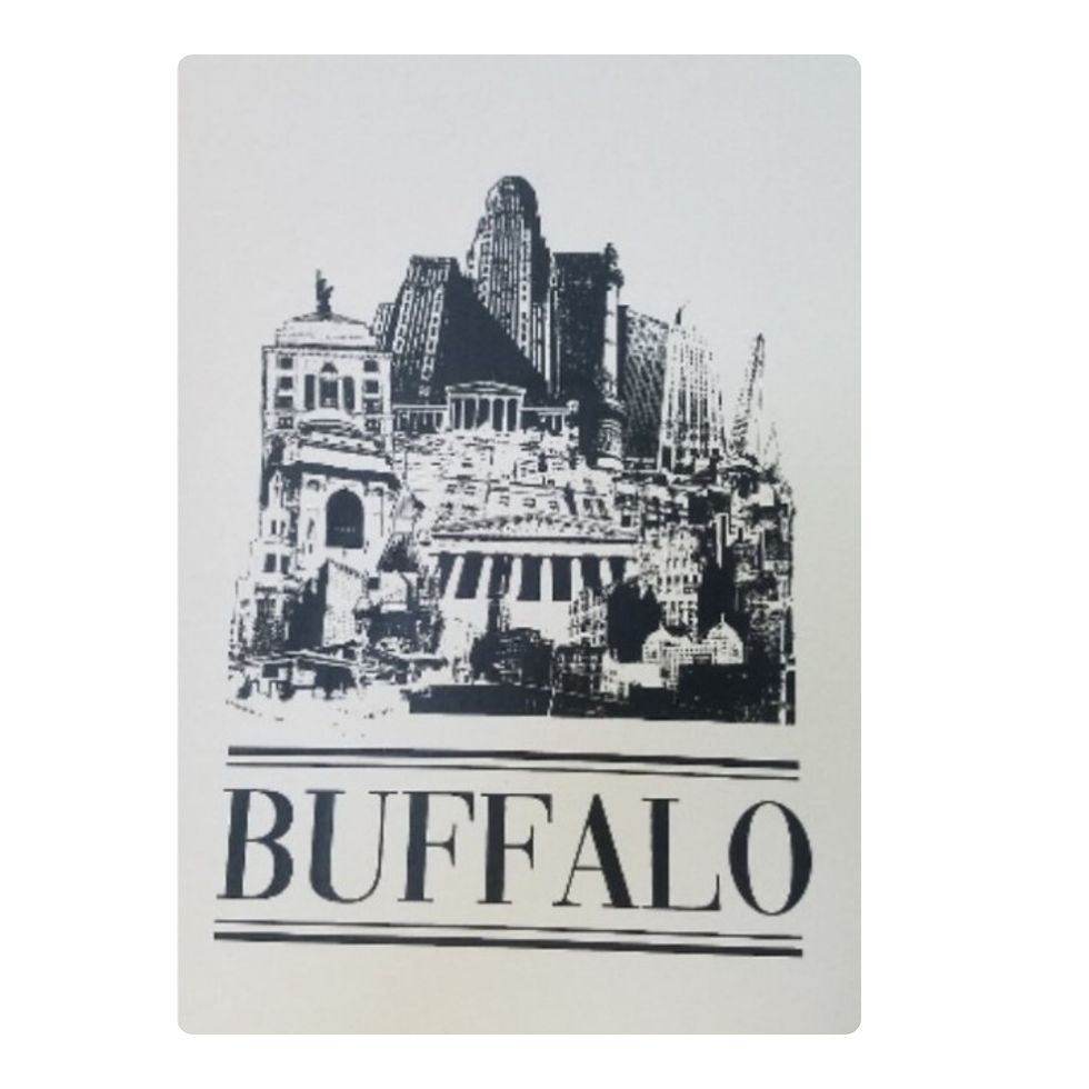 Buffalo NY Skyline Print featuring a graphic collage of City Hall, the Electric Tower, and the Liberty Building with "BUFFALO