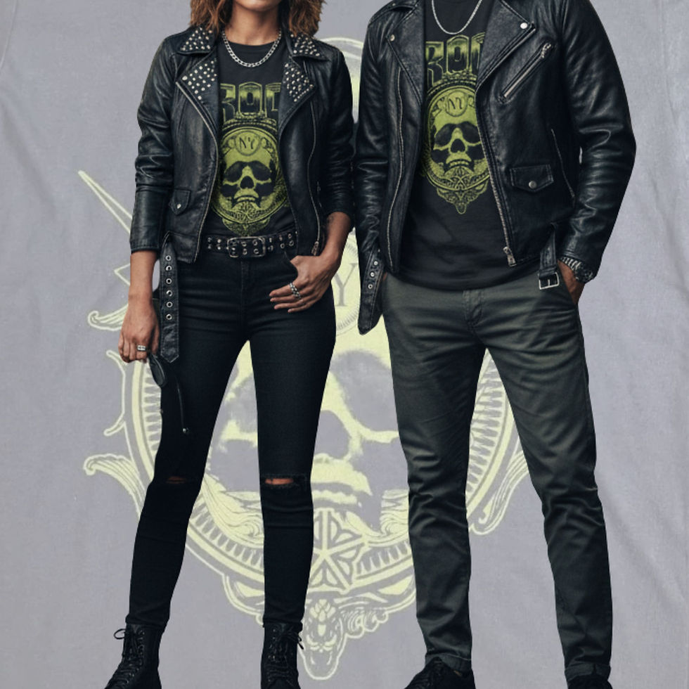 Two models in leather jackets wearing the ROC Skully Graphic Unisex Tee with the bold, edgy skull design.