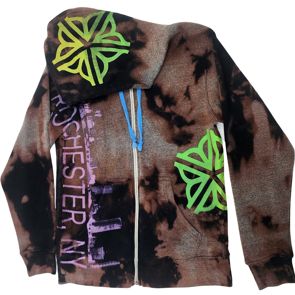 Flat front view of the M Zip-Up Hoodie showing the zipper, neon green ROC Flower Logo, purple ROC text, and bright green hood