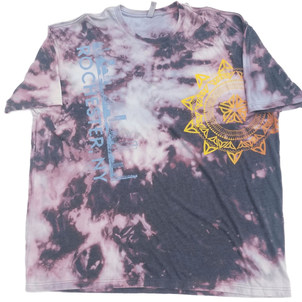 Front view of 3XL OOAK tie-dye shirt with orange ROC Mandala and vertical ROC text.