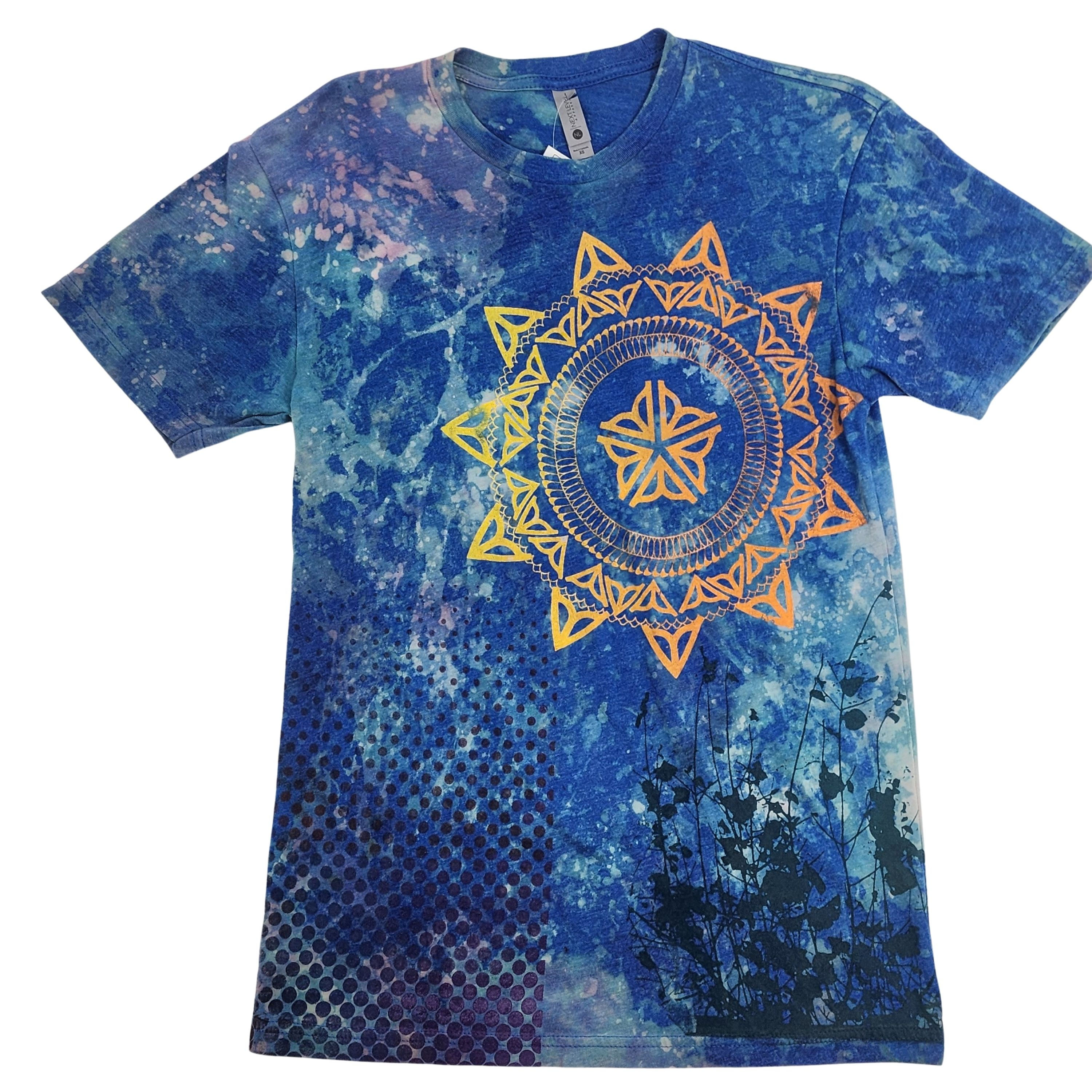 Front view of Flower City Mandala Goddess Monoprint Tie-Dye Tee in Unisex XS.