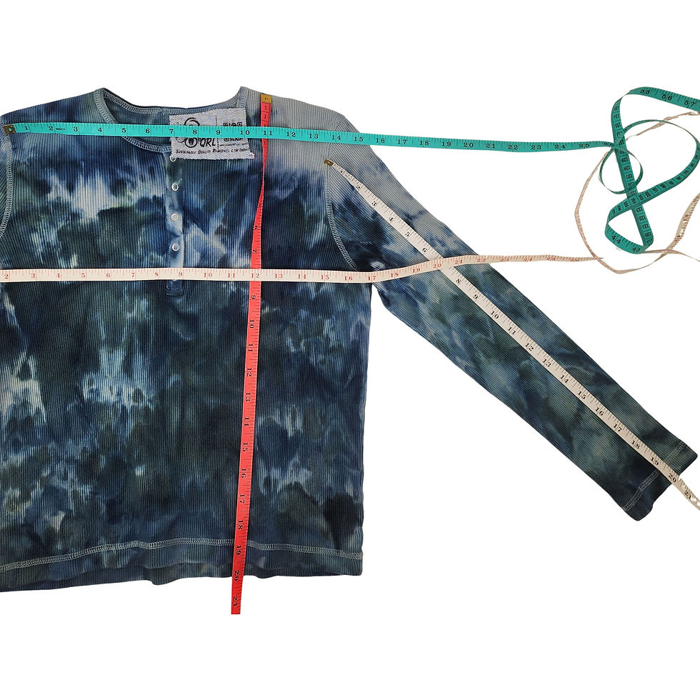 Thumbnail: reworked blue mottled hand-dyed ribbed henley showing the unique dye patterns and texture.