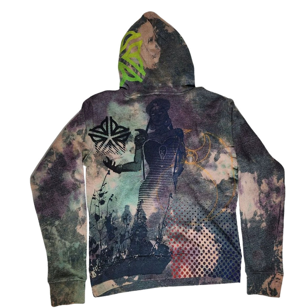 Thumbnail: Full back view of the XS dark hoodie highlighting the Empowered ROC Goddess graphic, ROC Mandala, and foliage design elements