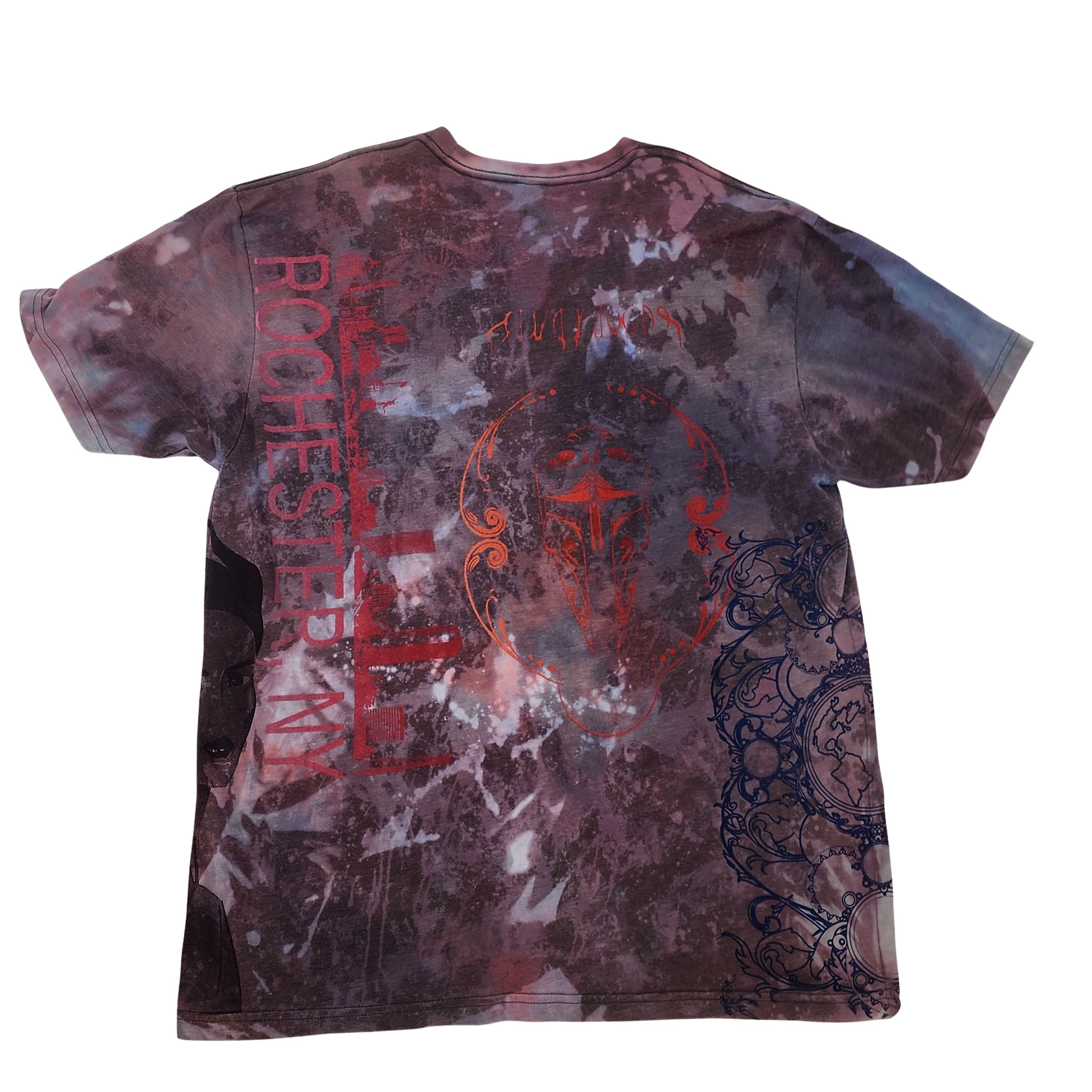 Flat lay back view of mauve tie-dye tee featuring vertical red Rochester NY lettering, logo, and celestial art.