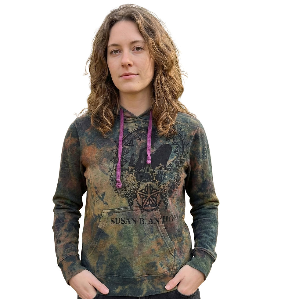 Front view of the xS dark bleach-dyed pullover hoodie featuring the Susan B. Anthony graphic.