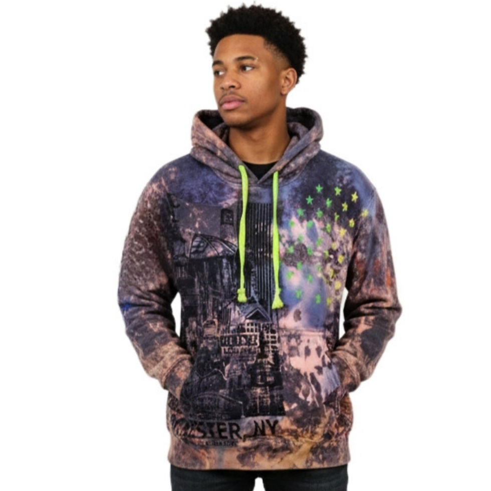 Front view of the S dark bleach-dyed pullover hoodie featuring the Rochester Cityscape graphic and a model.
