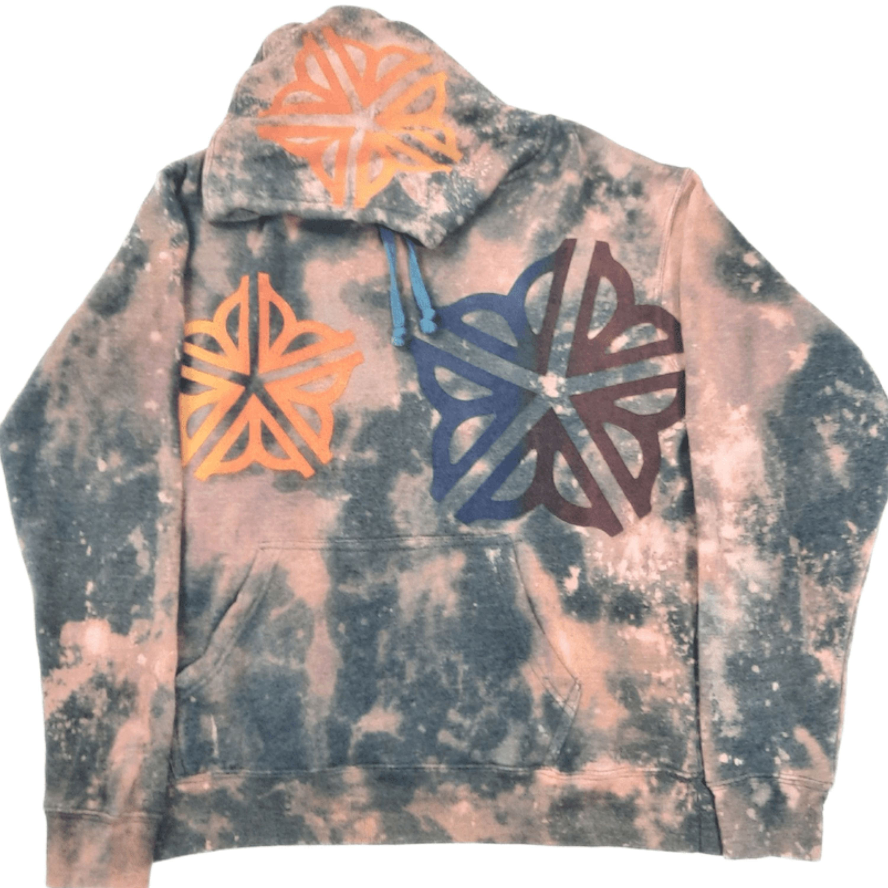Flat front view of unisex XL tie-dye hoodie with dual Flower City emblems