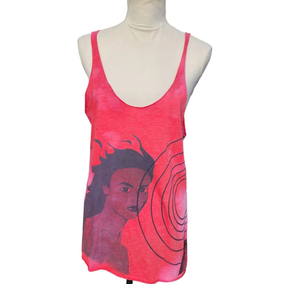 Front view of an XL Blue and Teal Tie-Dye Tank with a central Red Tree of Life graphic and blue circular pattern.