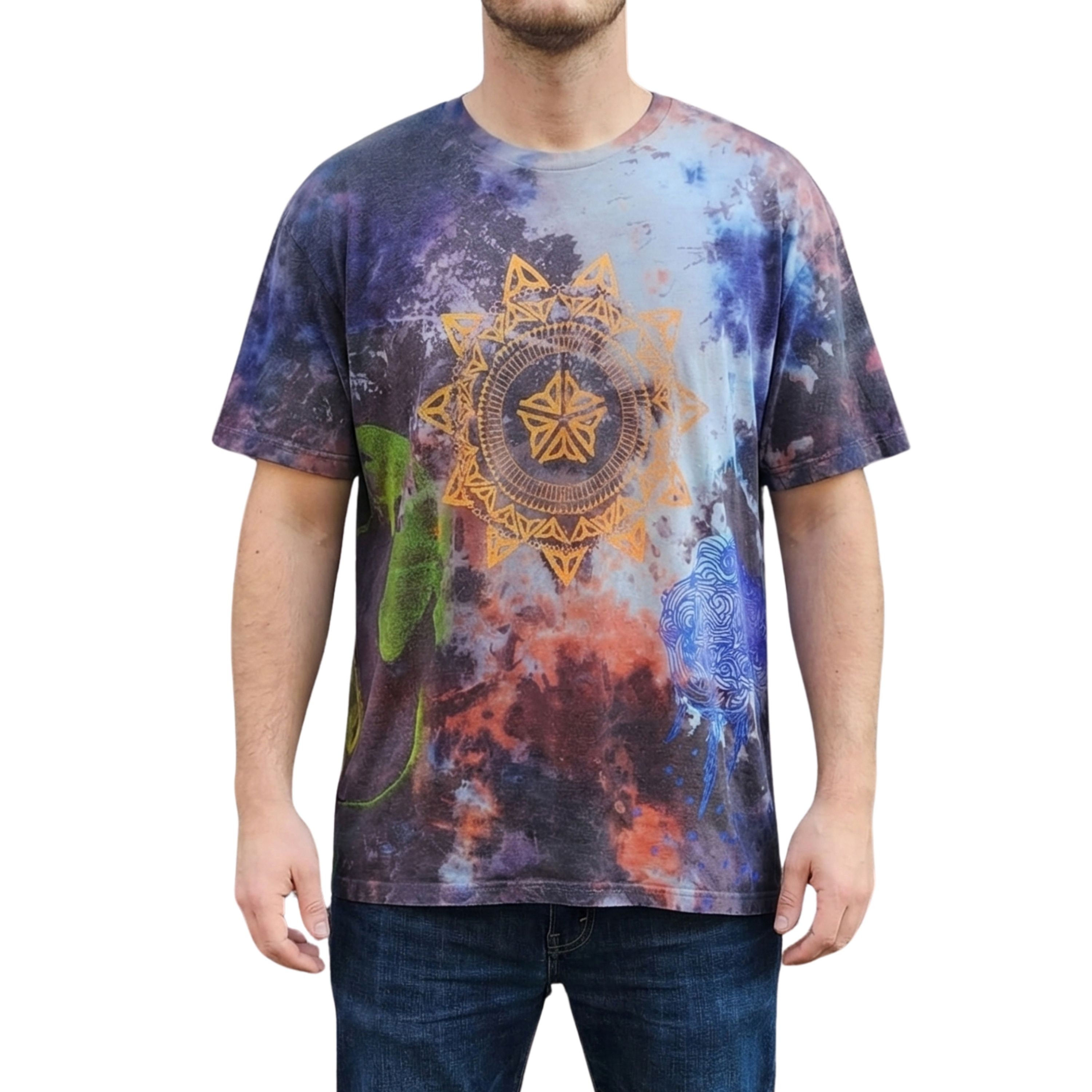 Male model wearing a OOAK tie dye tee with original graphics including ROC Mandala and Love Struck on the front.