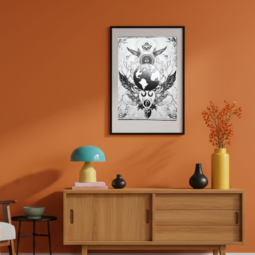 Mystic Earth Art Print framed in a orange living room with a yellow floor lamp and a light wood mid-century console.
