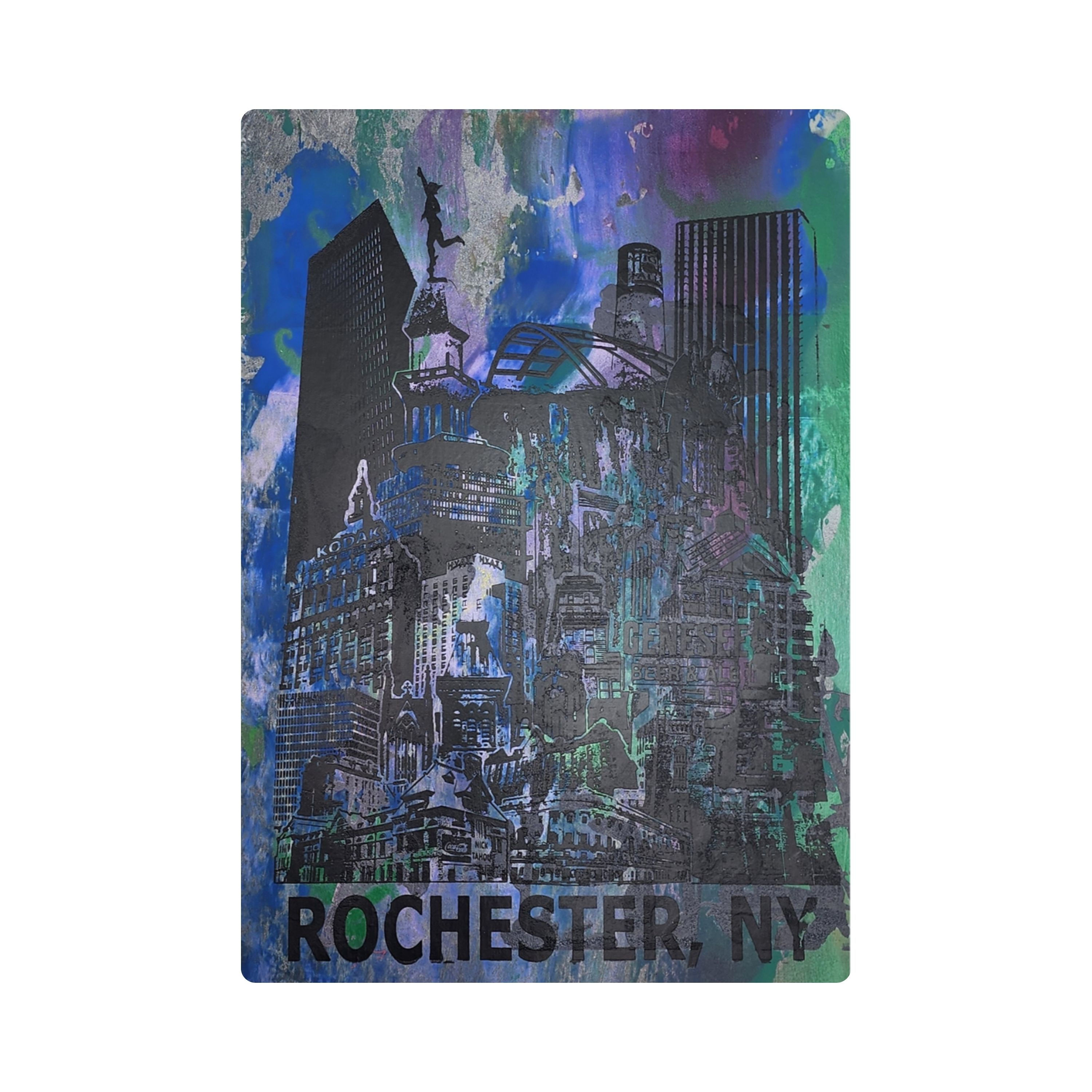 OOAK 13x19" ROC Skyline print. Original hand screen printed art with blue, purple, and green colors.