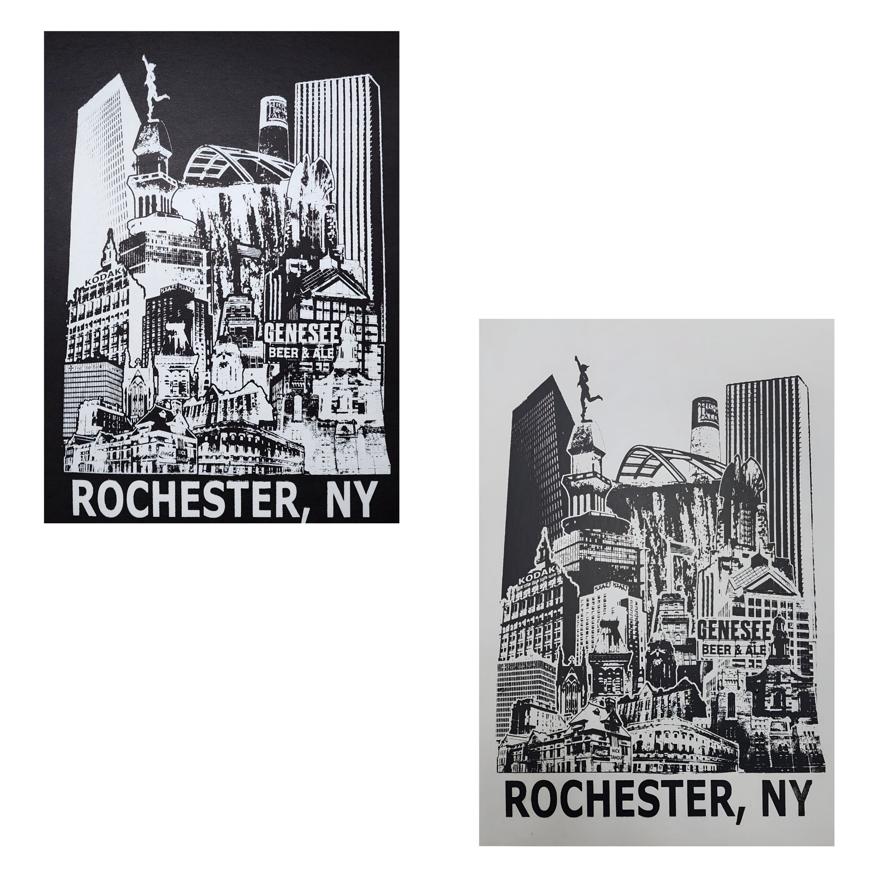 Rochester NY Skyline Art Print featuring a graphic collage of architecture buildings.2 prints black on white. white on black