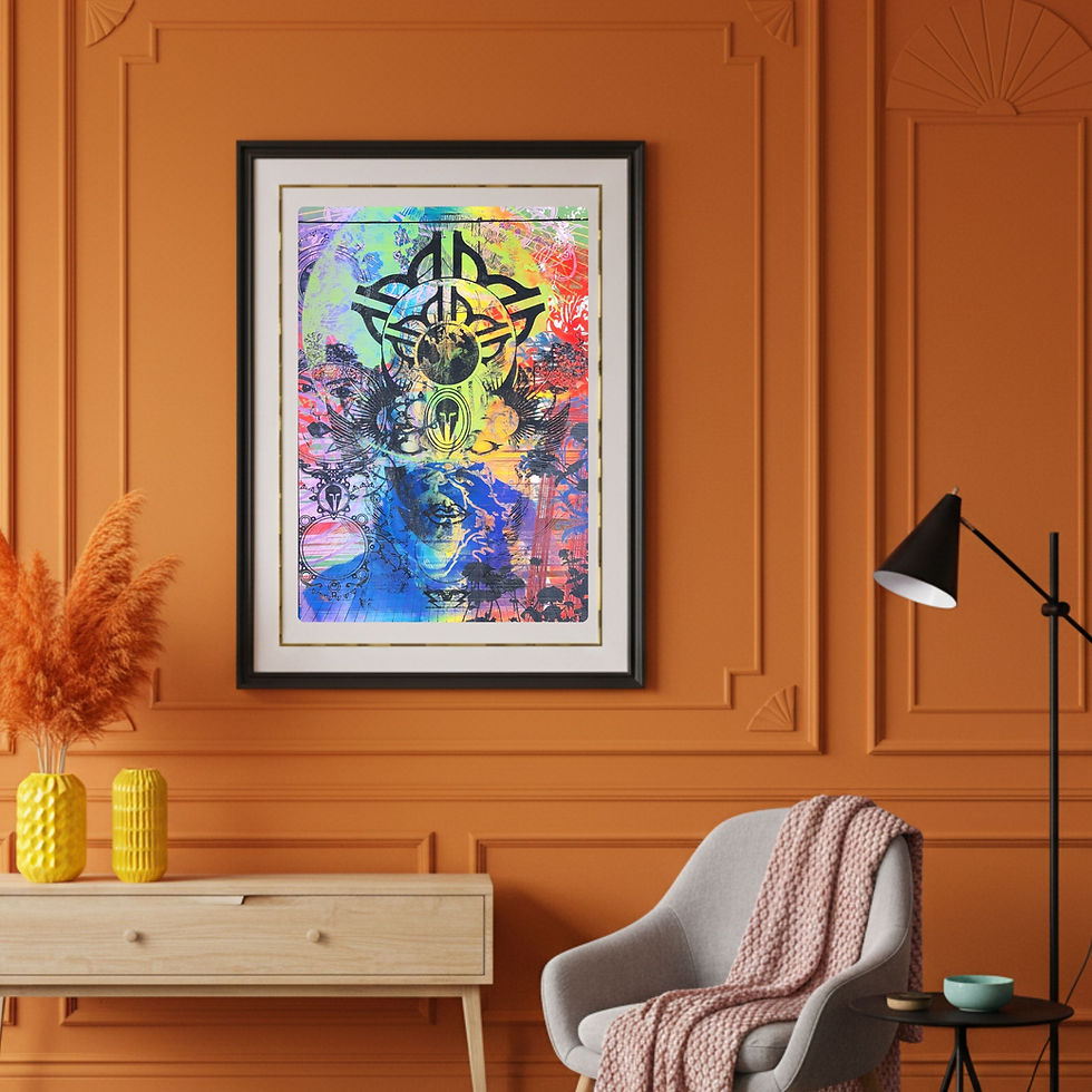 Thumbnail: One-of-a-kind Gaia Earth Graphic Print showing the figure, globe, and helmet over a colorful, rainbow abstract background