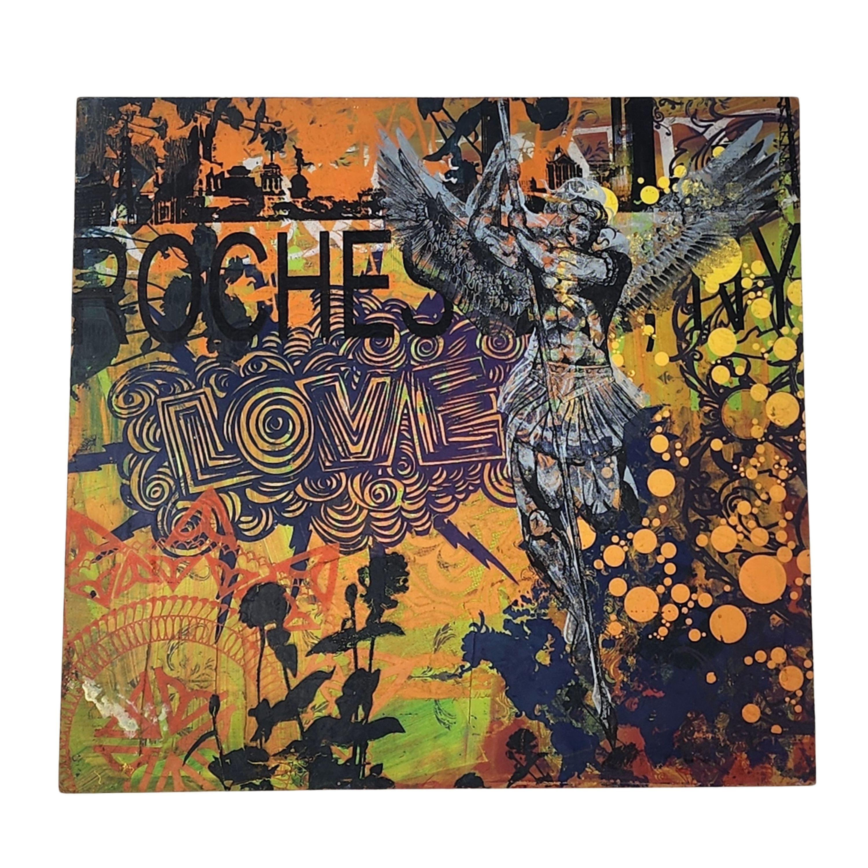Love Struck Archangel monoprint on MDF board featuring layered orange urban graphics and an angel.