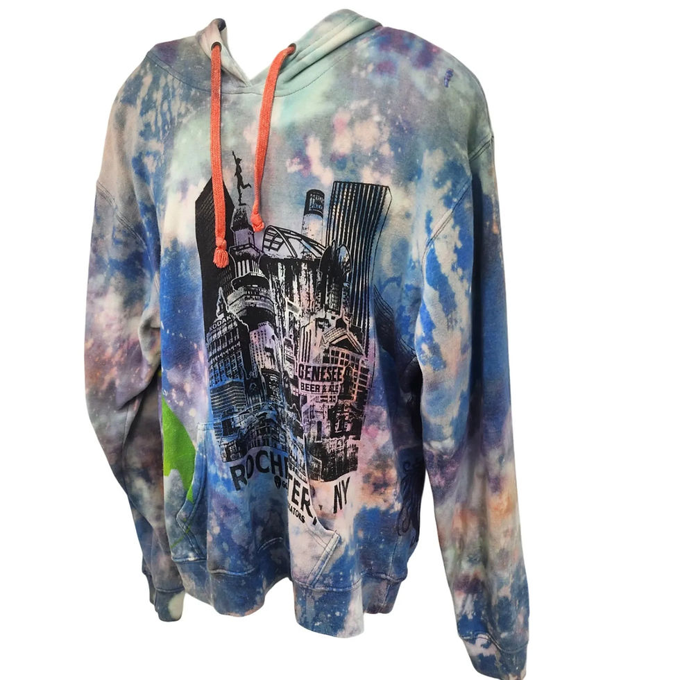 Front view of the 2XL purple/blue tie-dye hoodie, highlighting the Gladiator/ROC Mandala monoprint. (Condition: Reworked/Mend