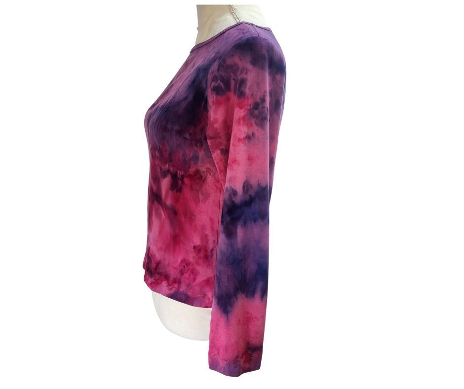 Thumbnail: Reworked Purple Pink Tie Dye Top with a boat neckline and vibrant magenta marbled pattern on a white mannequin.