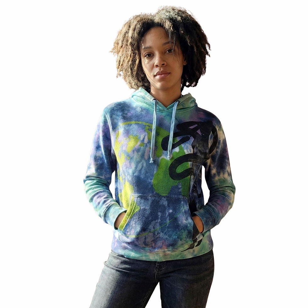 model wearing a ooak purple/blue/green tie-dyed pullover hoodie with e snake woman figure layered with our Earth Graphic.