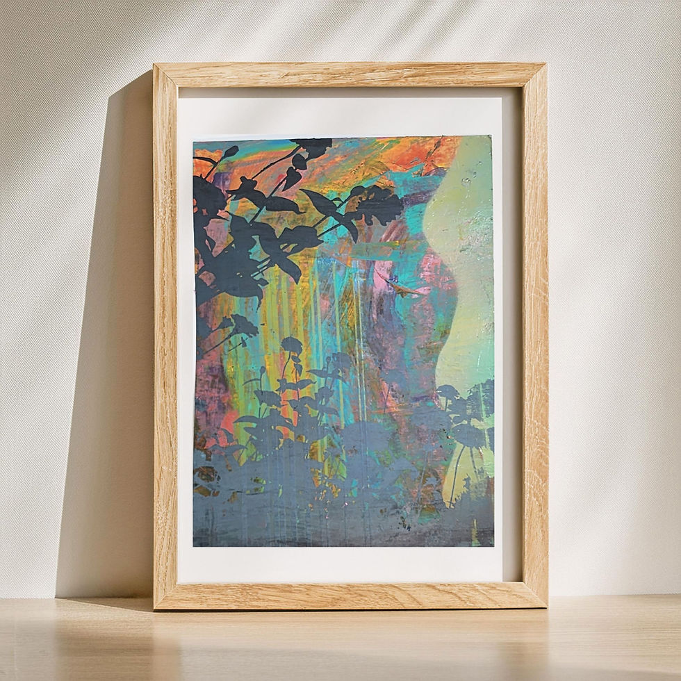 One-of-a-kind Floral Graphic Print displayed on a small table in a wood frame in a warm room.
