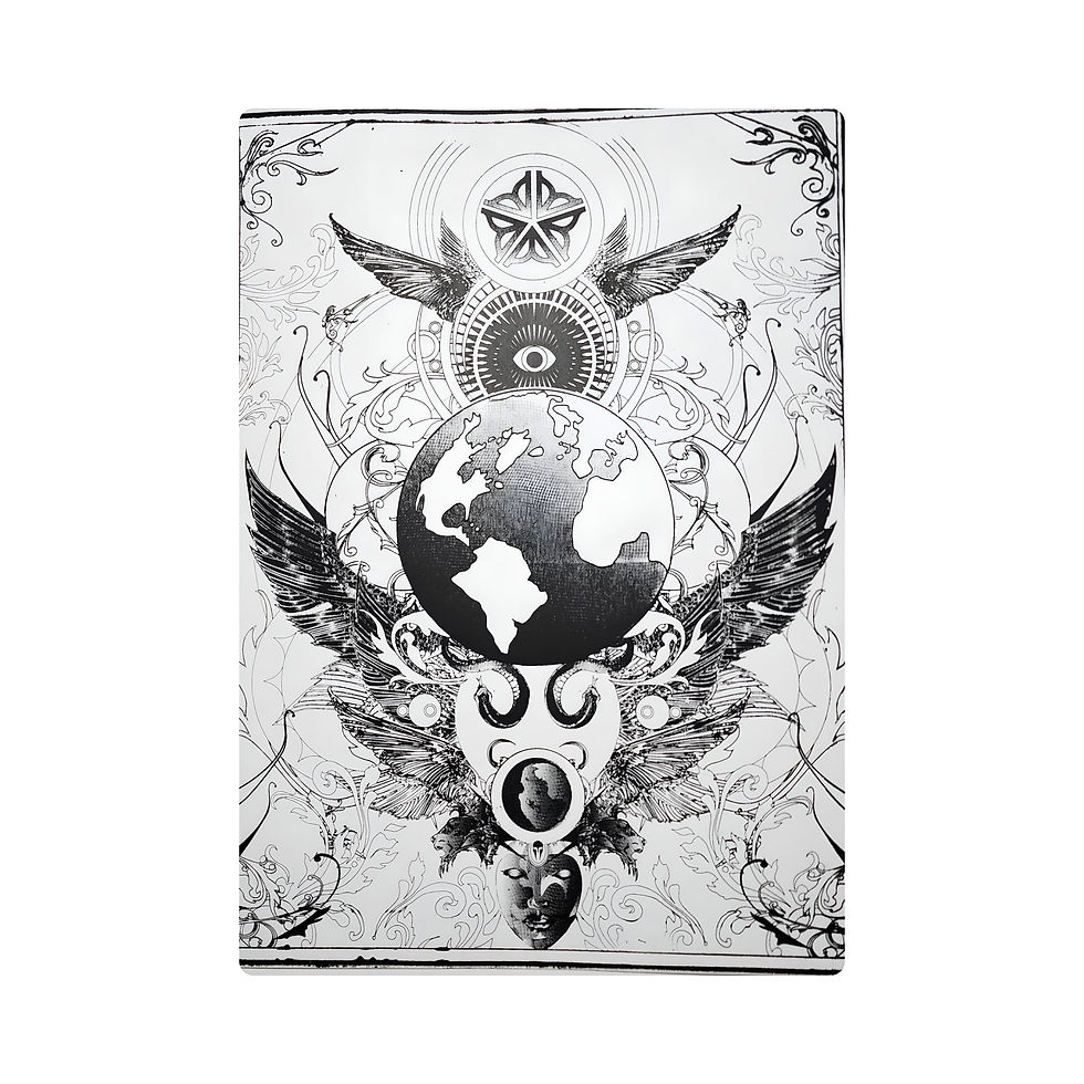 Mystic Earth Art Print featuring a graphic illustration of the Earth with wings, an all-seeing eye, and floral scrolls in bla