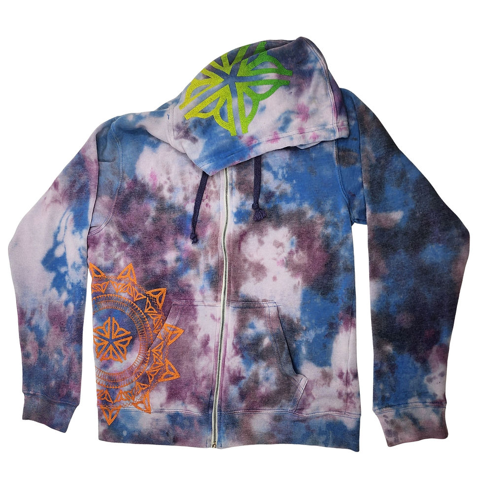 Flat front view of the S Zip-Up Hoodie showing the zipper, orange ROC Mandala, and the neon green logo on the hood.