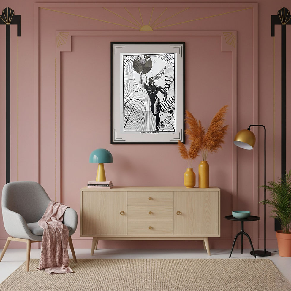 Thumbnail: Pink Art Deco interior featuring the Rochester Wings of Progress Print surrounded by gold accents and geometric wall trim.