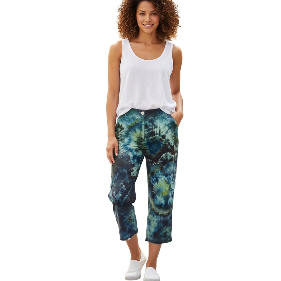 Model wearing Hand-Dyed Upcycled Cargo Capris with a white tank top, showing the green and blue geode dye pattern.