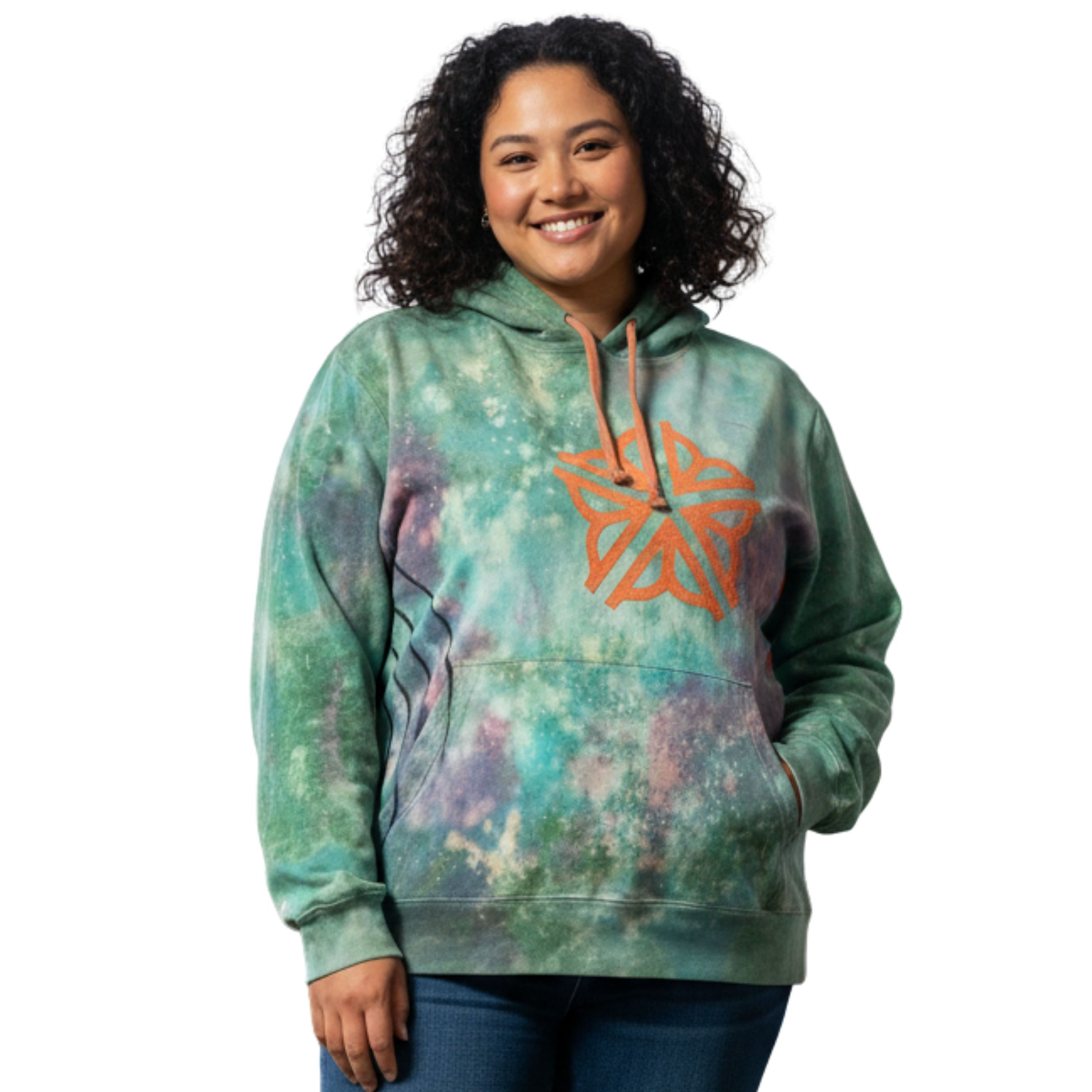 Front view of the 3XL green tie-dyed pullover hoodie featuring the orange ROC Flower Logo and red stars on a model.