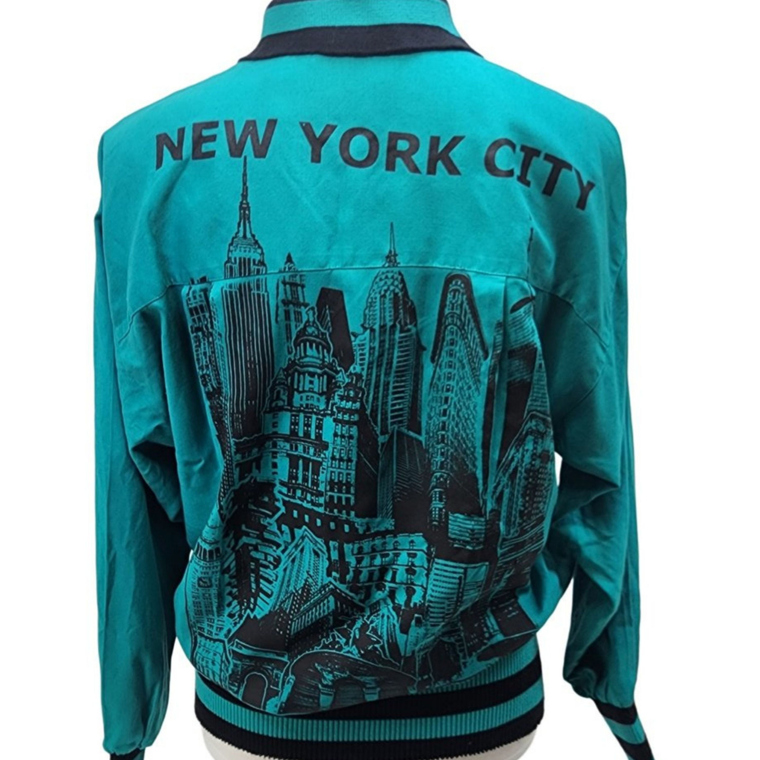 Back view of the top, clearly highlighting the screen-printed NYC Skyline graphic in black ink. Note: Includes close-up of th