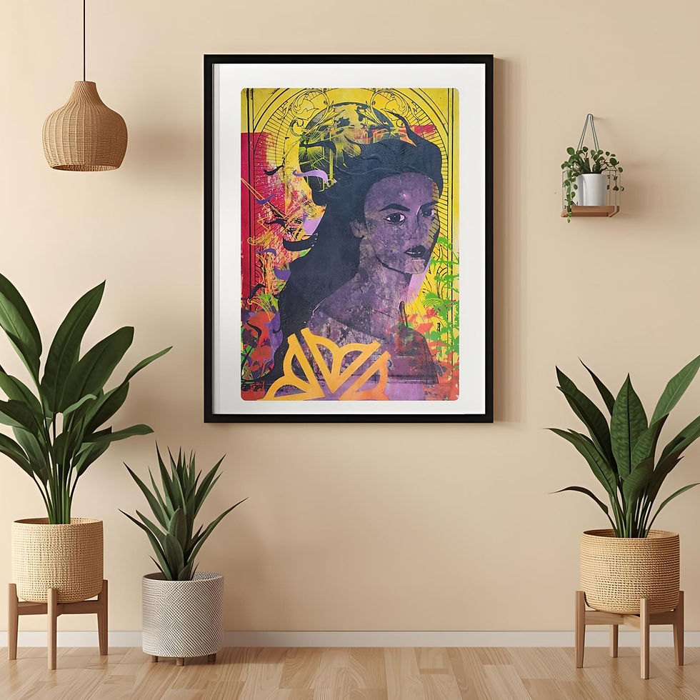Thumbnail: This expressive One-of-a-kind Woman's Face Monoprint showcases a detailed graphic, including the Rochester, NY, Flower logo o