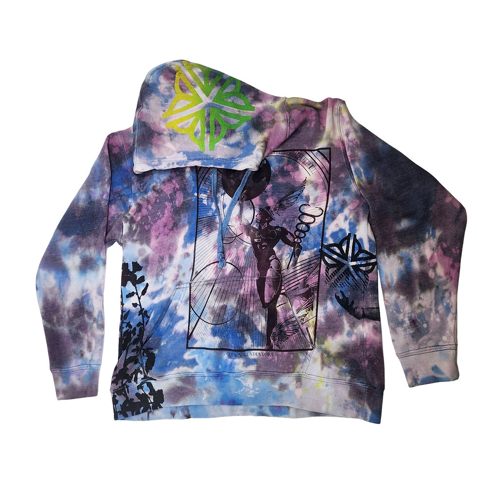 Front view of the XL multi-color tie-dyed pullover hoodie featuring the framed Asclepius graphic.